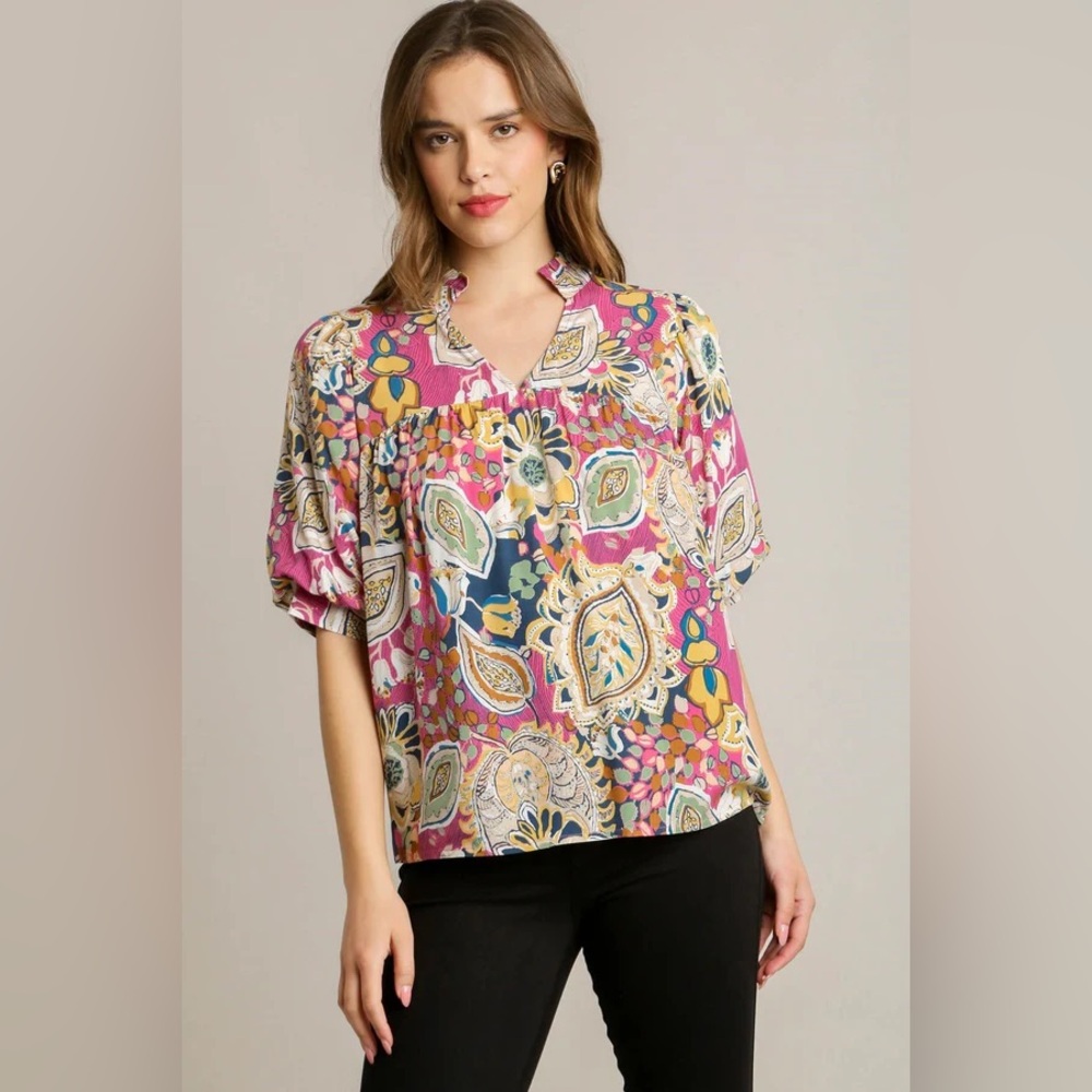 Umgee Ruffle Neck Blouse Womens Size L